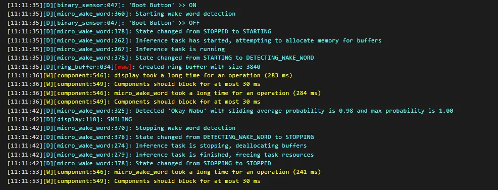 Screenshot of log showing micro wake word detected