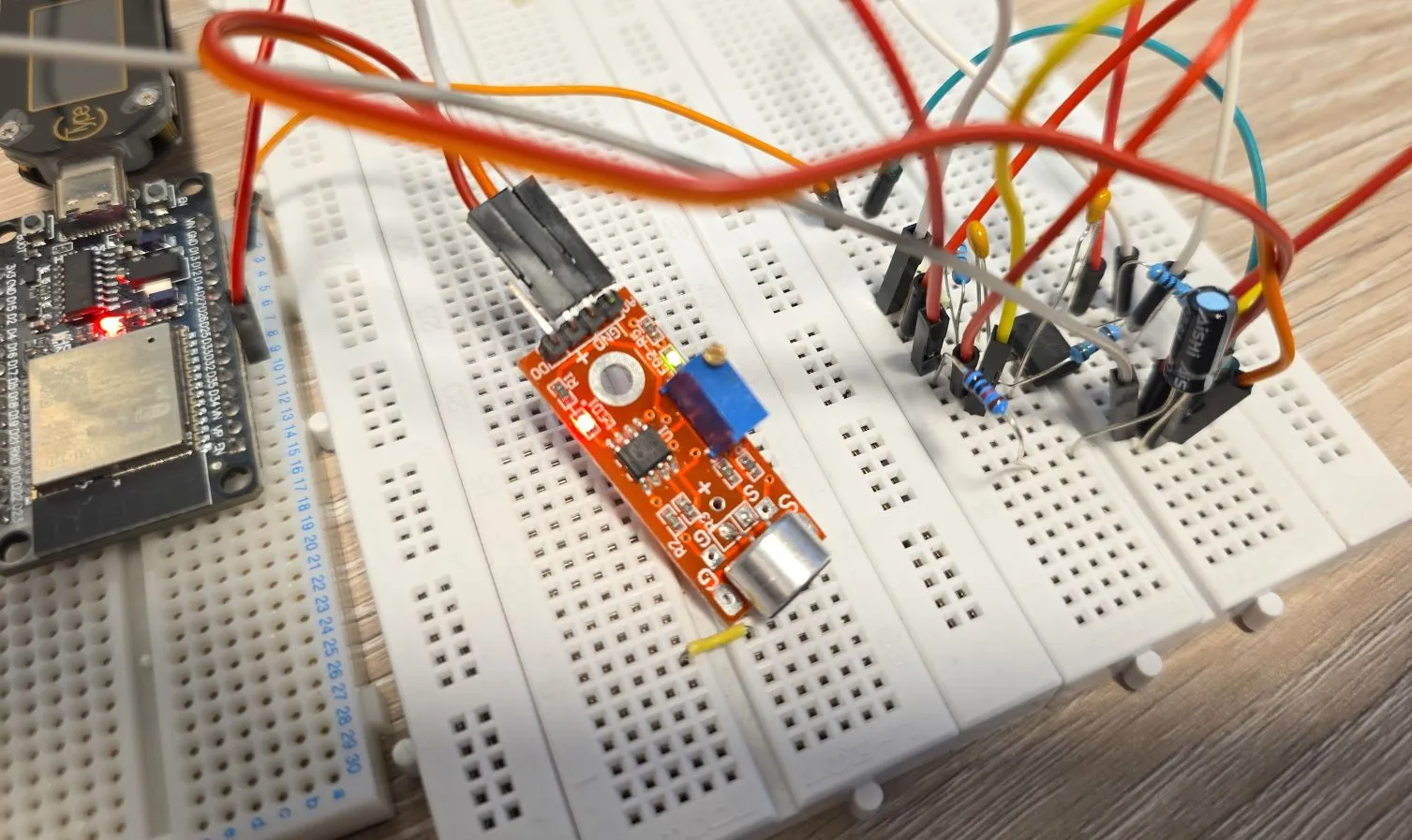 Photo showing pre-amp circuit and the module on a breadboard